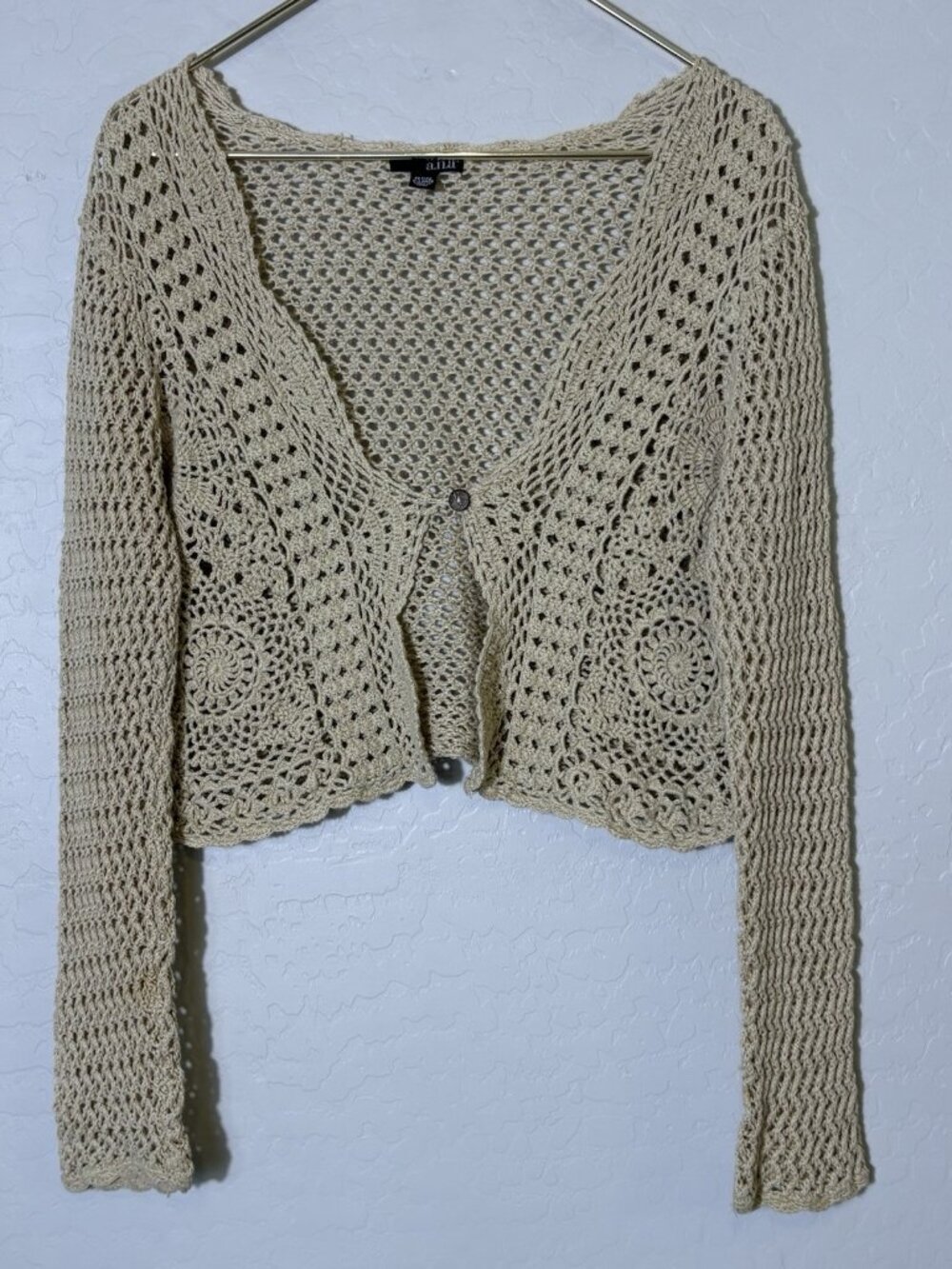 Y2K Crochet Cardigan Petite XL Beige Open Knit Crop Button Grunge Cottagecore